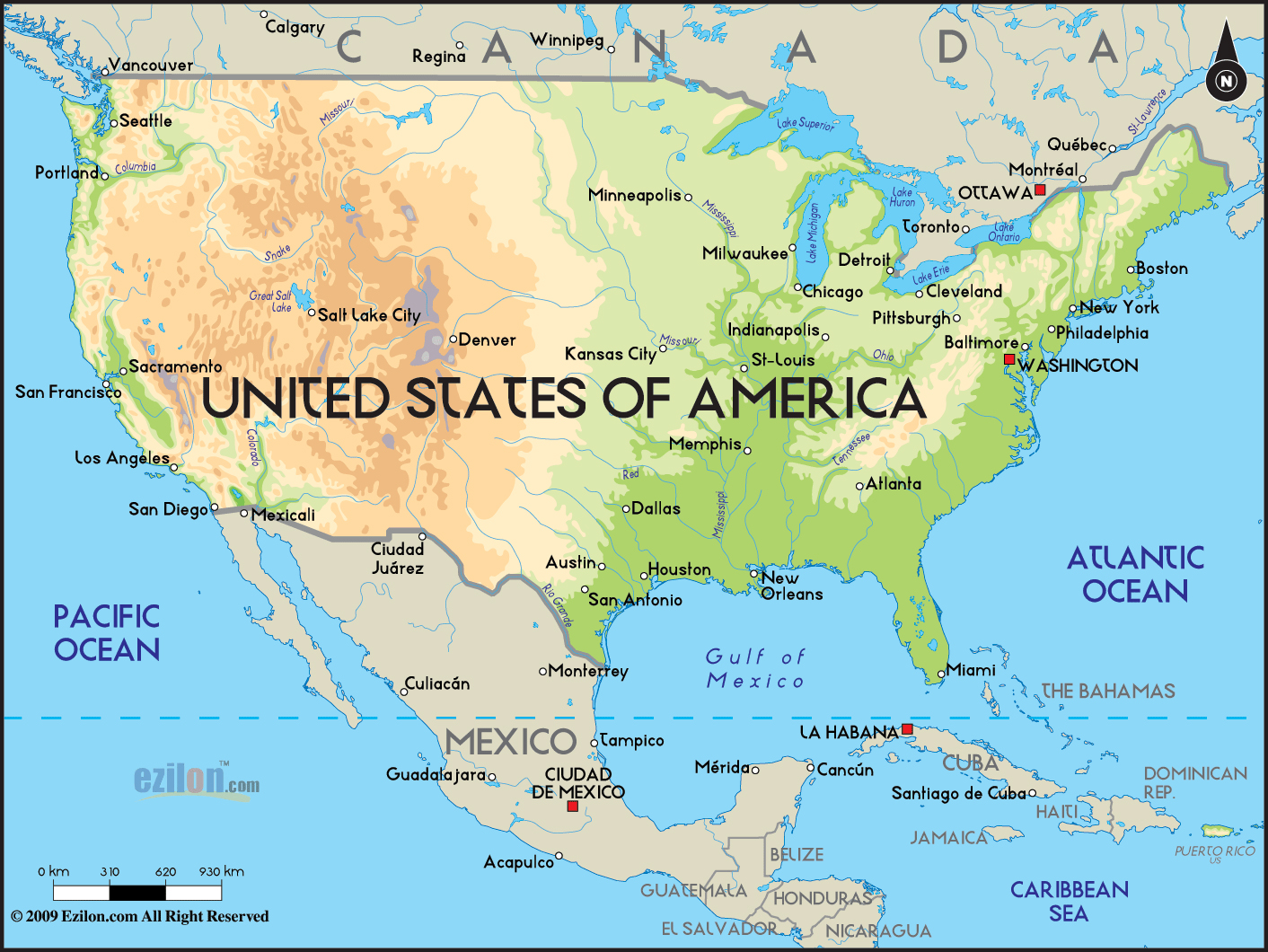 Large Physical Map Of The United States With Major Cities Usa United
